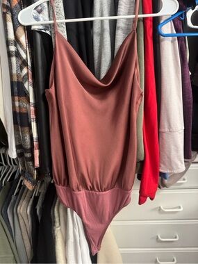 Lulu's Mauve Satin Cowl Neck Bodysuit